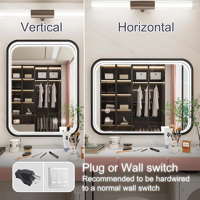 24x32 Inch Black LED Mirror for Bathroom with Lights, 3000K/4500K/6000K, Wall Mounted Lighted Bathroom Vanity Mirrors, Stepless Dimmable, Memory Funtiom, Anti-Fog, Horizontal/Vertical