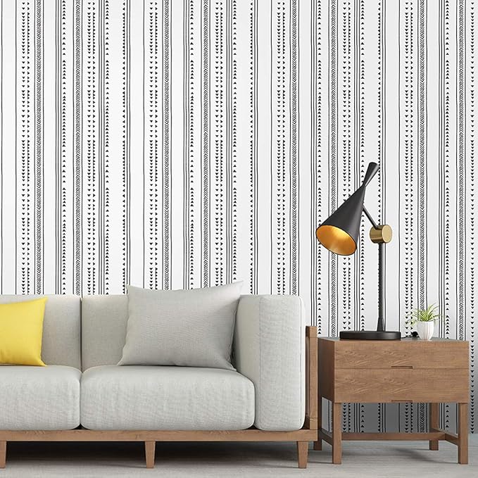MulYeeh 17.5'' x 472'' Self-Adhesive Peel and Stick Paper Modern Arrow Trellis Black White Wallpaper Modern Triangle Removable Wall Covering Prepasted Decorative
