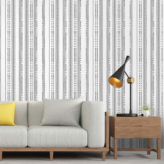 MulYeeh 17.5'' x 236'' Self-Adhesive Peel and Stick Paper Modern Arrow Trellis Black White Wallpaper Modern Triangle Removable Wall Covering Prepasted Decorative