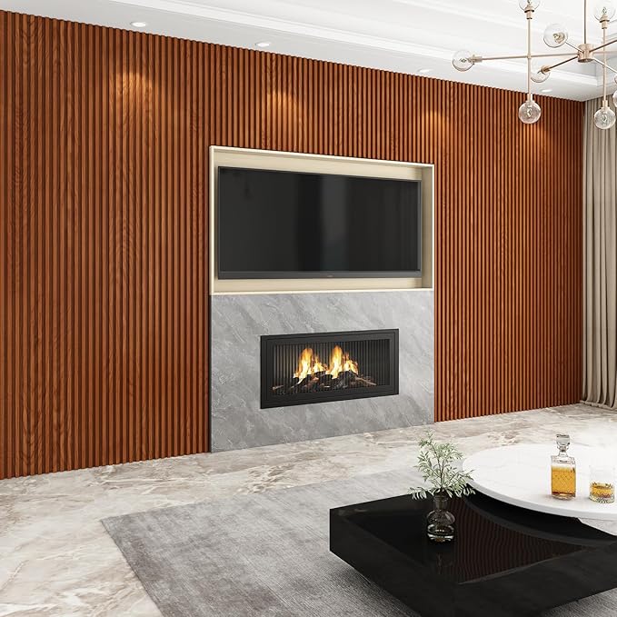 8-Pack WPC Wall Panels 108’’ x 6.1’’ 3D Slat Wall Panel Acoustic Wall Paneling for Interior Wall Decor TV Background Kitchen Bedroom Teak
