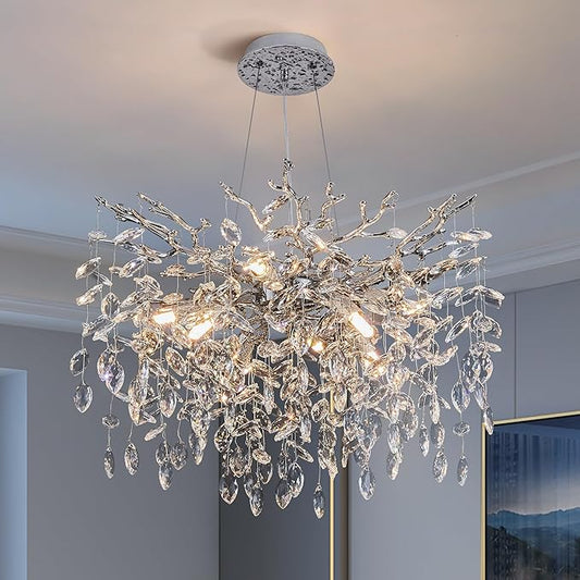 Modern Tree Branch Crystal Chandelier Luxury Silver Crystal Pendant Lighting 23.6" Contemporary 8-Light Chandeliers for Dining Room Kitchen Bedroom Living Room