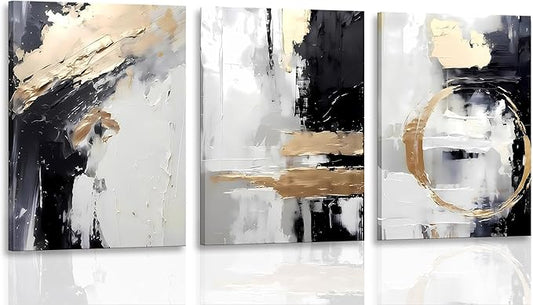 3pcs Framed Black White Gold Canvas Wall Art Abstract Geometric Textured Posters Prints Pictures Paintings with Faux Stucco Finish Modern Beige Minimalist Wall Decor for Living Room Bedroom Bathroom