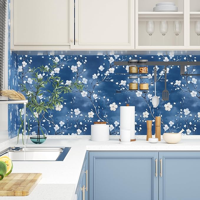 Blue Floral Peel and Stick Wallpaper Boho Leaf Contact Paper Blue Flower Removable Self Adhesive Waterproof Wall Paper for Cabinet Drawers Wall Decor Renter Friendly 17.5''x118''