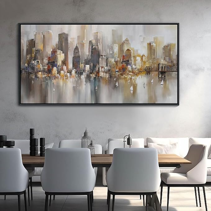 New York City Wall Art - Framed Modern Abstract Wall Art for Living Room, Office & Bedroom Cityscape & Paintings for Bedroom brooklyn bridge Pictures Wall Decor Chicago Artwork for Walls 29×58IN