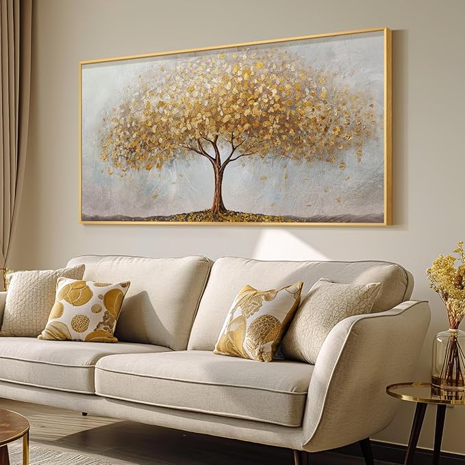 Large Framed Tree of Life Gold Wall Art, Modern Canvas Prints Paintings Artwork for Walls, Luxury Golden Big Tree Pictures for Bedroom Dining Room Fireplace Office Living Room Wall Decor