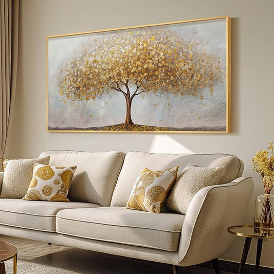 Large Framed Tree of Life Gold Wall Art, Modern Canvas Prints Paintings Artwork for Walls, Luxury Golden Big Tree Pictures for Bedroom Dining Room Fireplace Office Living Room Wall Decor