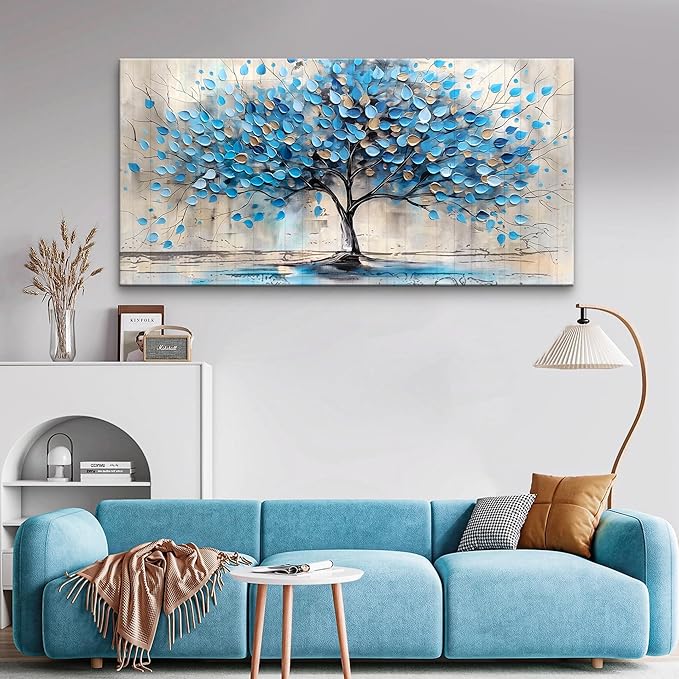 Lapremoly Large Wall Art For Living Room Framed Wall Decor For Bedroom Office Decor Textured Abstract Wall Pictures Artwork Blue Tree Painting Panoramic Landscape Prints Home Decorations 30x60 In