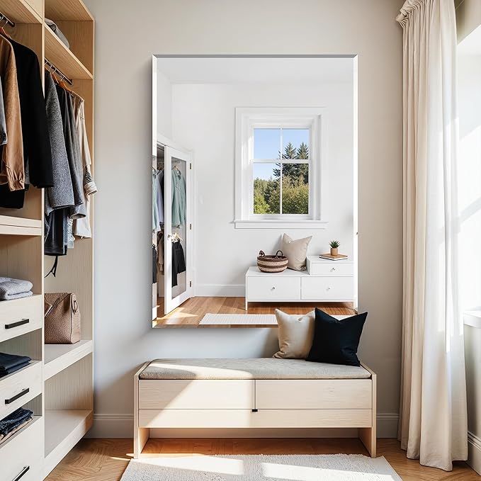 KOCUUY Beveled Mirror, 48x36 Inch Large Frameless Bathroom Mirror for Over Sink, Upgraded Shatterproof Beveled Unframed Design Mirror for Bathroom, Bedroom, Hang Horizontal/Vertical