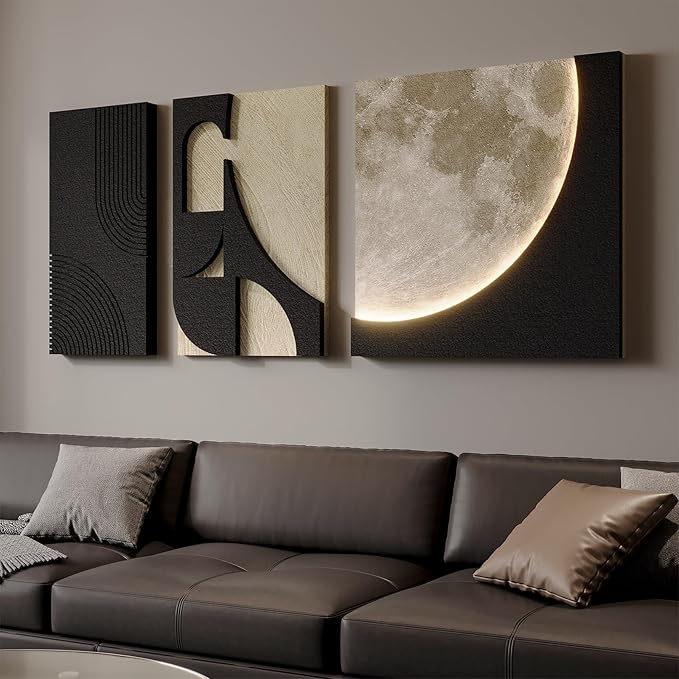 3D Textured Black and White Abstract Wall Art with LED Lights Moon Design, 3 Piece Modern Wall Paintings Artwork for Walls, Minimalist Neutral Black Beige Wall Decor for LIving Room, Hallway, Bedroom