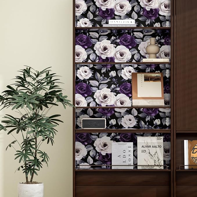 Black Foral Wallpaper Peel and Stick Purple White Rose Contact Paper 17.4" x 393", Dark Vintage Self-Adhesive Removable Flower Wall Paper for Bedroom Countertop Desk Cabinets Decor Renter Friendly