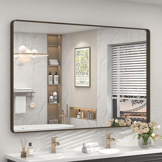 55x40 Inch Bronze Bathroom Mirror, Brushed Bronze Metal Frame Mirrors for Wall, Rounded Rectangle Bronze Mirror for Vanity,Farmhouse, Bedroom, Anti-Rust (Horizontal/Vertical)