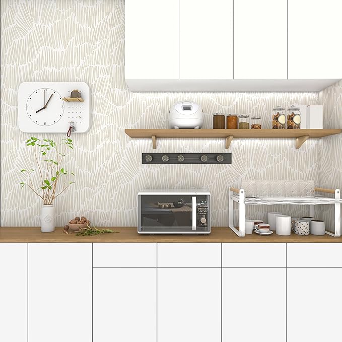 Beige Modern Striped Peel and Stick Wallpaper Boho 17.3"×590" Self Adhesive Removable Wallpaper for Bedroom Waterproof Wall Paper Vinyl White and Gold Contact Paper