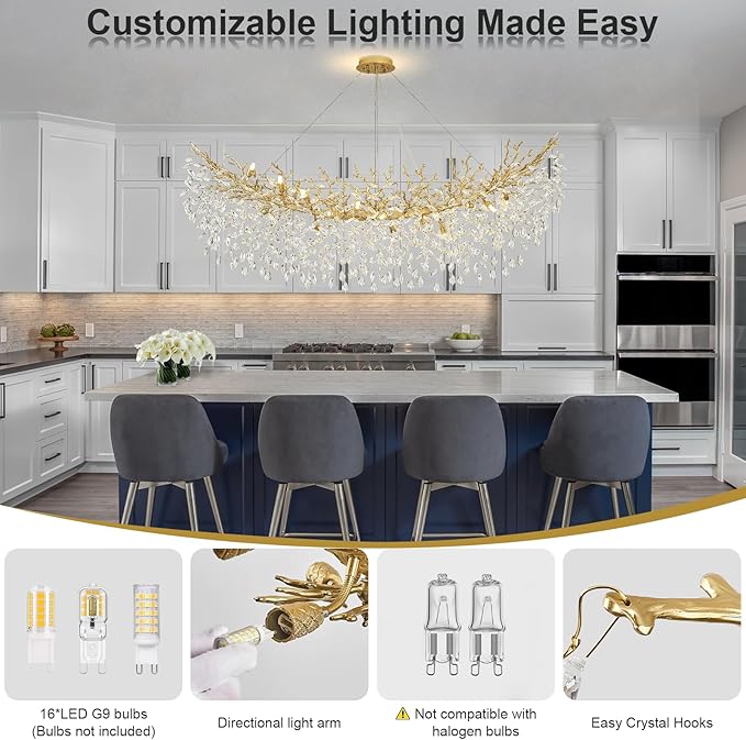 Modern Crystal Chandelier, 63" Large Rectangular Chandeliers for Dining Room, Gold Chandelier Light Fixture Raindrop FoyerChandelier Tree Branch Chandeliers for Living Room