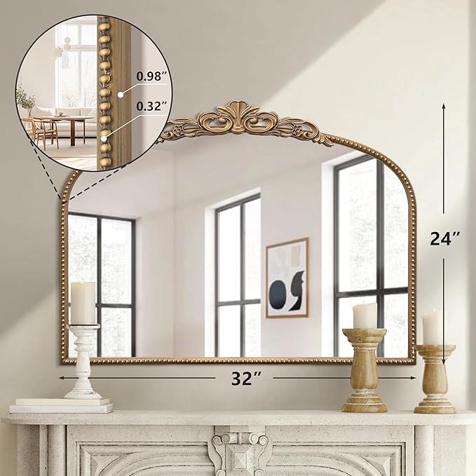 Micasso Vintage Wall Gold Mirror: 24"x 32" French Baroque Antique Mirror - Traditional Ornate Decorative Arched Mirrors for Wall/Bathroom/Entryway/Fireplace/Hallway - Home Decor for Living Room
