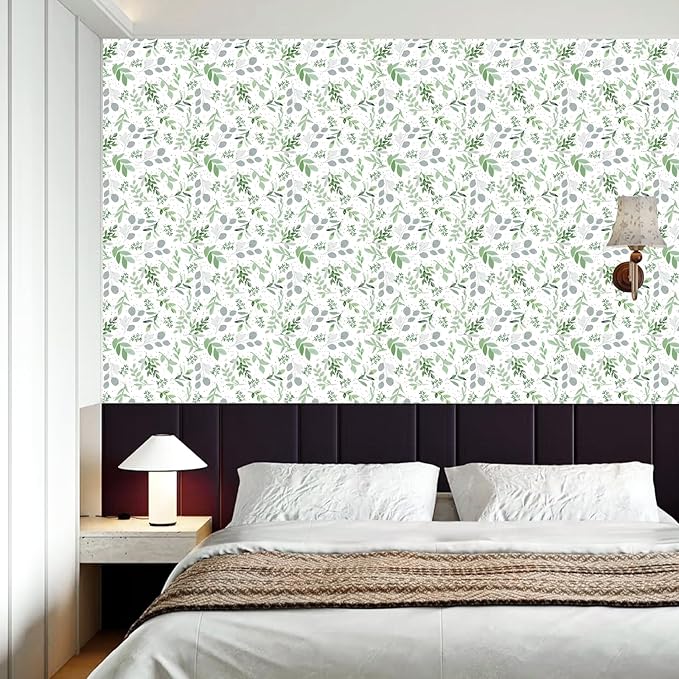 Modern Sage Green Leaf Peel and Stick Wallpaper Boho Botanical Eucalyptus Removable Leaf Floral Contact Paper Self Adhesive Vinyl Wallpaper for Cabinets Farmhouse Bedroom and Bathroom 17.5" x 118"
