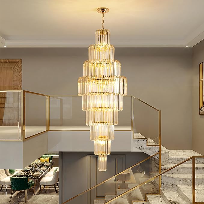 Luxury Modern Staircase Crystal Chandeliers Long 9-Tier Large Foyer Entrance Chandeliers for High Ceiling Light Fixture for Stairse Entryway Dia 23.7" - 20 Lights Gold