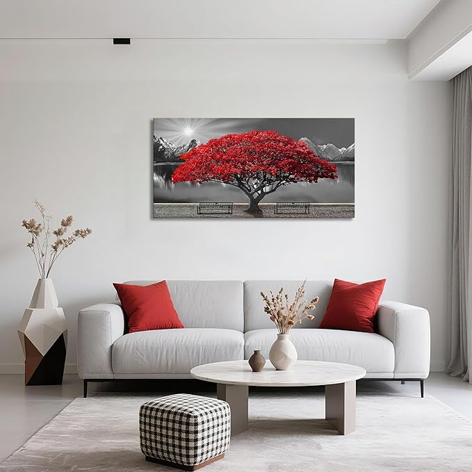 Mofutinpo Black and White Red Tree Wall Art Canvas Print Picture Large Red Tree Landscape Modern Artwork for Living Room Bedroom Office Home Wall Decoration Decor With Frame 20x40in