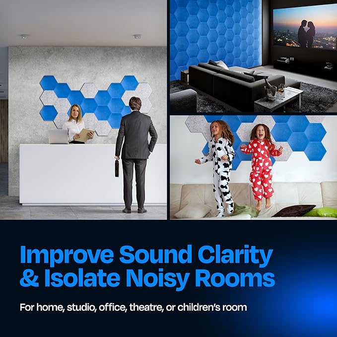Acoustic Panels 12-Pack Soundproof Wall Panels 12"X10.4"X0.4" Sound Panels High Density Sound Dampening Panels - [Grand Blue Hexagon]