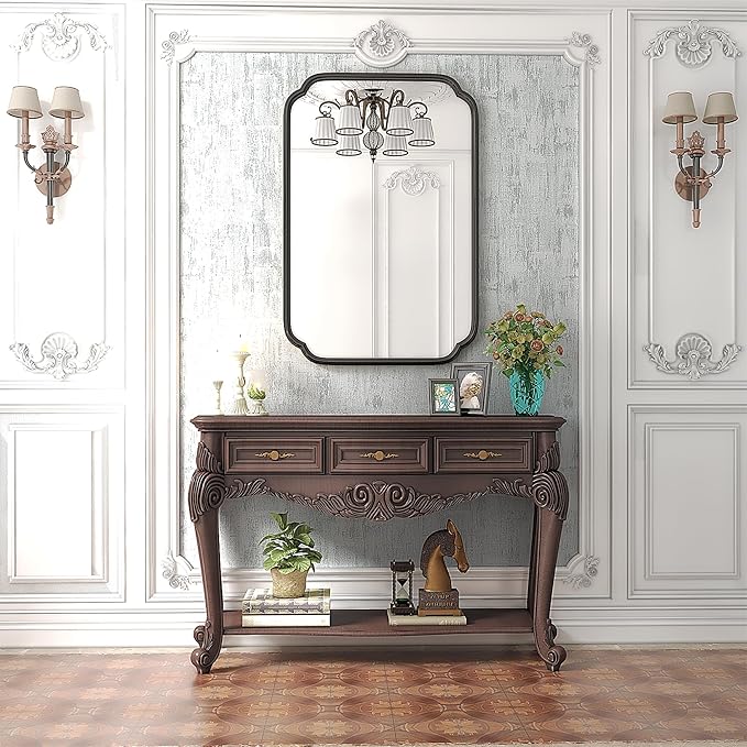 Black Bathroom Vanity Mirrors for Over Sink 24" x 36" Modern Rounded Corner Rectangle Mirror with Non-Rusting Iron Metal Framed Wall Mounted Decorative Mirror (Horizontal/Vertical)