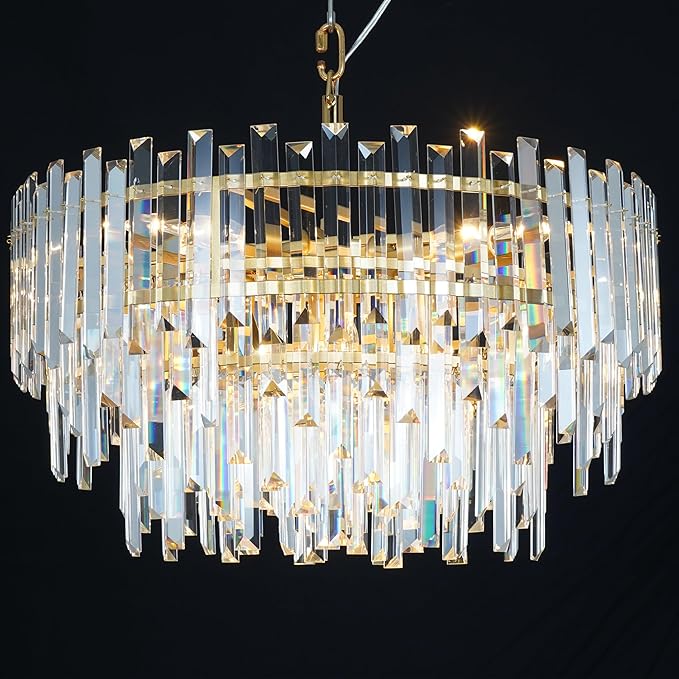 24" Modern Crystal Chandelier, 3-Tier Gold Pendant Light with 8 Lights, Luxury K9 Crystal Ceiling Fixture for Dining Room Living Room Foyer