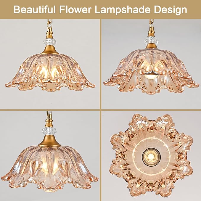 1 Piece Vintage Chandelier Light Fixture with Amber Glass Shade,Matte Antique Brass Finish Pendant Light,Hanging Light for Dining Room,Hallway,Living Room,Bedroom