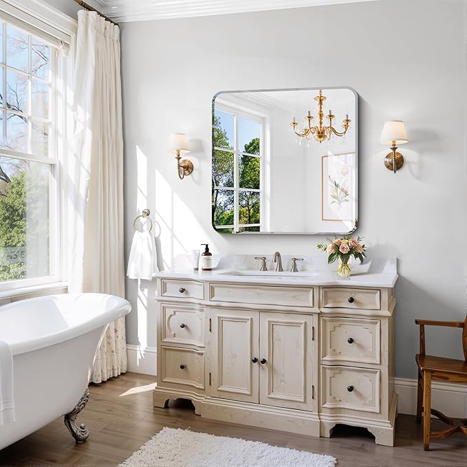 Beveled Mirror 30"x30", Square Frameless Bathroom Mirror Rounded Corner, Framless Vanity Mirror Shatterproof Tempered Glass Lightweight Design for Bedroom Living Room Entryway