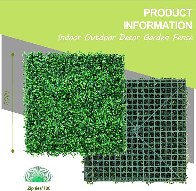 AOKIE 20"X20" Artificial Grass Wall, 12Pcs Boxwood Hedge Wall Panels UV-Anti Grass Backdrop Wall Decor, Greenery Privacy Hedge Screen for Indoor Outdoor Patio Balcony, Party Garden Fence Decor