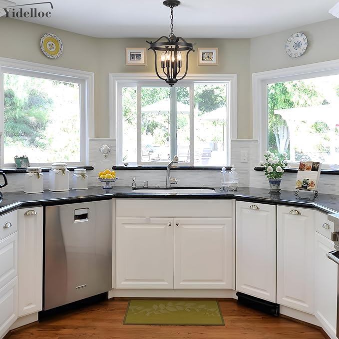 Black Chandelier Farmhouse Cage Pendant Light E12 4 Light Ceiling Light Fixtures Vintage Chandeliers for Dining Room Kitchen Entryway Hallway Foyer