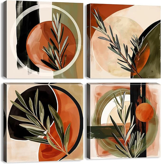 Boho Wall Art Beige Orange Mid Century Modern Wall Decor for Bedroom Abstract Geometric Canvas Painting Bathroom Green Plant Rosmary Minimalist Picture Artwork Living Room Home Decorations 12x12" 4P