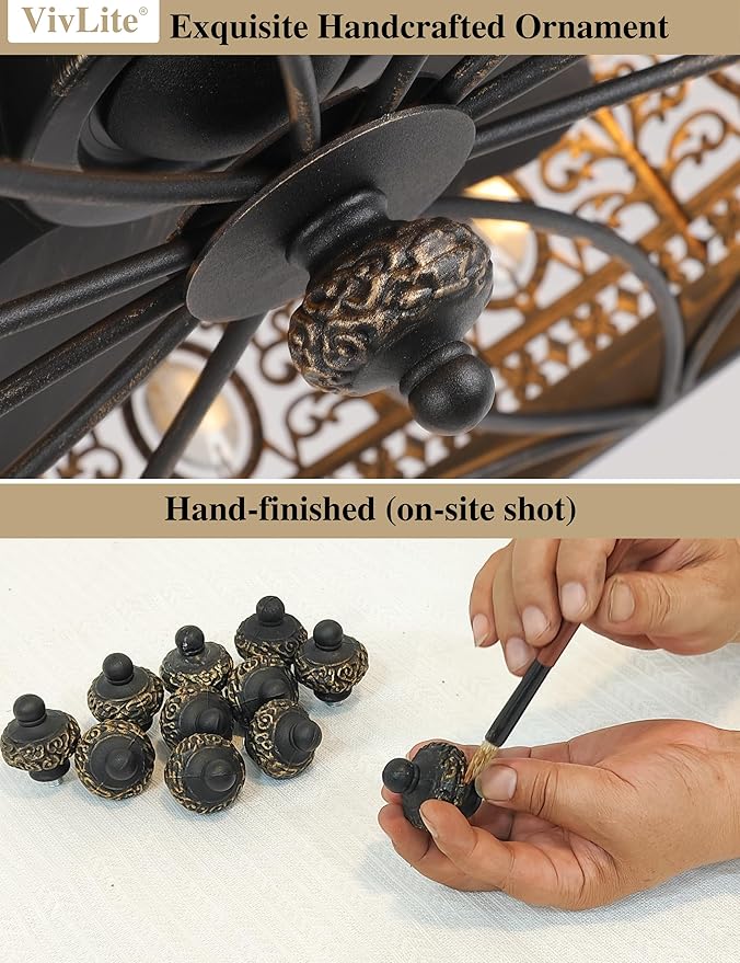 24" Vintage Crystal Chandelier Fan, Luxury Art Deco Flush Mount Fandelier with Lights and Remote, Rustic Enclosed Bladeless Ceiling Fan for Living Room, Dining Room, Large Bedrooms