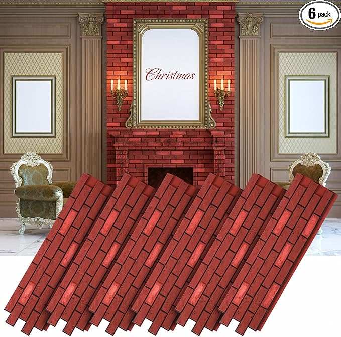 6 Pcs Christmas 3D High-Density Polyurethane Red Faux Brick Wall 45.7 x 11.8 x 1.2 inch PU Wall Panels for Interior Exterior Walls Decor Christmas Fireplace Living Room Kitchen Balcony