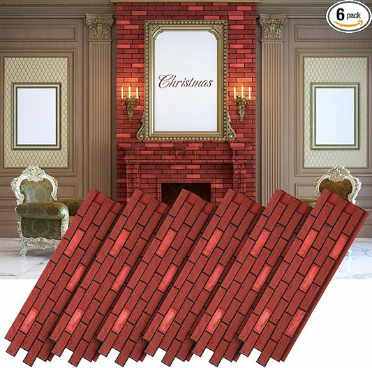 6 Pcs Christmas 3D High-Density Polyurethane Red Faux Brick Wall 45.7 x 11.8 x 1.2 inch PU Wall Panels for Interior Exterior Walls Decor Christmas Fireplace Living Room Kitchen Balcony