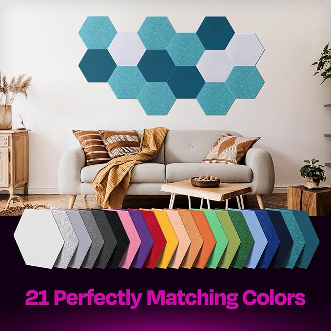 Acoustic Panels 12-Pack - 14"X12.1"X0.4" Soundproof Wall Panels - High Density Sound Dampening - Light Turquoise Hexagon