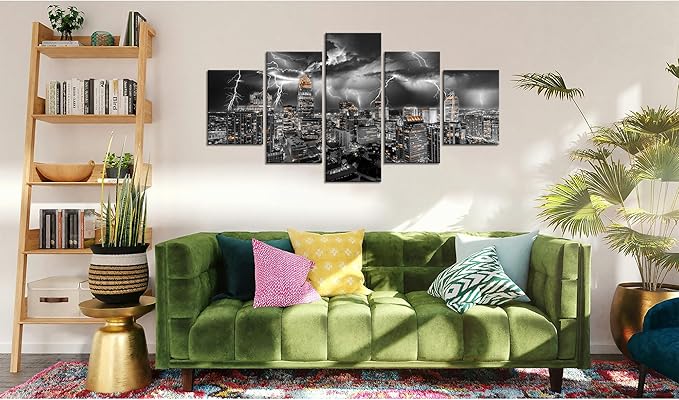 Cawpom Charlotte Wall Decor Charlotte City Skyline Wall Art Black and White Pictures Lightning Storm Canvas Print North Carolina Painting Poster Frame Home Living Room Decoration(60x32 inches)