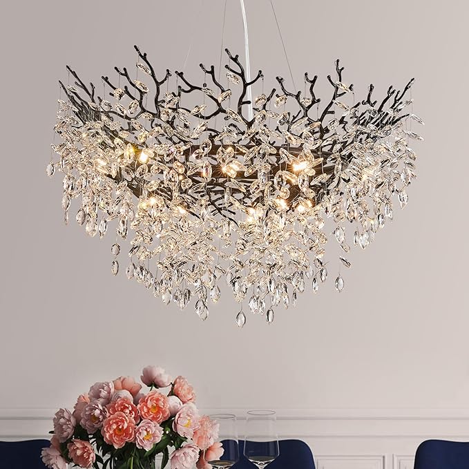 Modern Crystal Chandelier for Dining Room, 39.5" Black Tree Branch Chandeliers, 12-Light Luxury K9 Crystal Round Chandeliers for Kitchen Island Living Room
