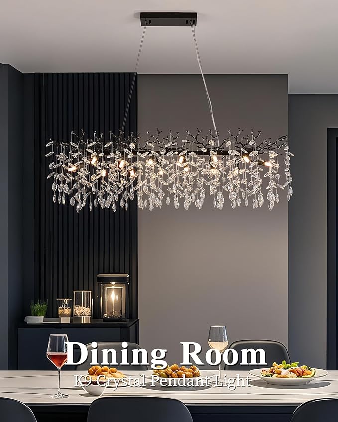 Modern Black Crystal Chandeliers for Living Room, Tree Branch Chandelier 14 Lights Rectangular 47.2" Hanging Pendant Light Fixture for Kitchen Island Dining Room Foyer Entryway