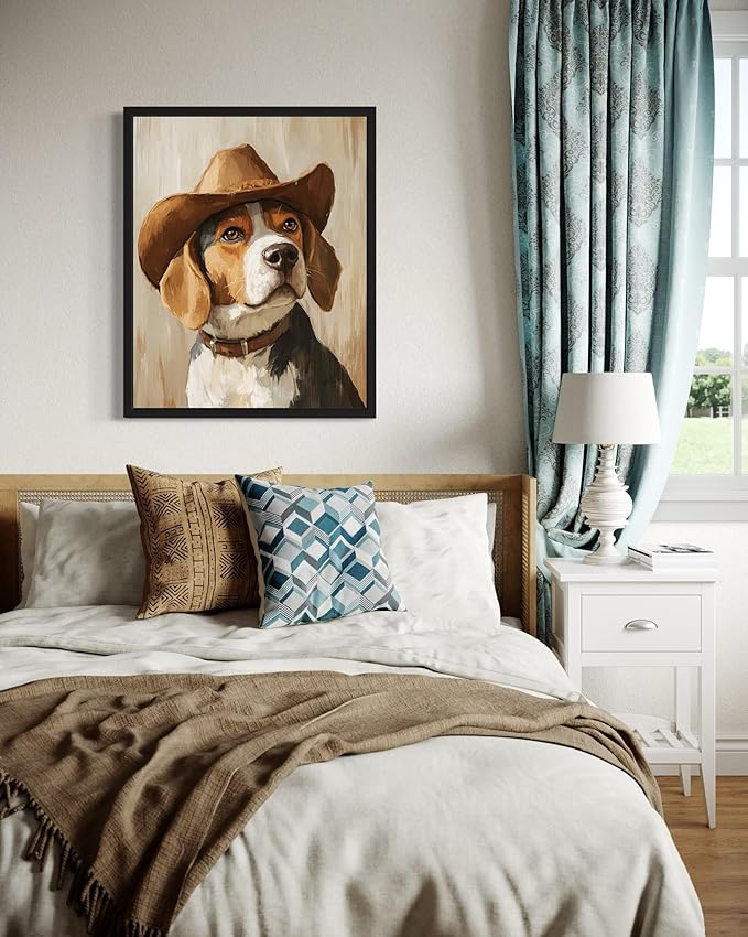 Beagle Cowboy Art Print Poster Wall Art, Western Country Farmhouse Wild West for Bedroom, Bathroom, Living Room Art Decor 58 (Beagle, 16 x 20 inches, Black Frame)