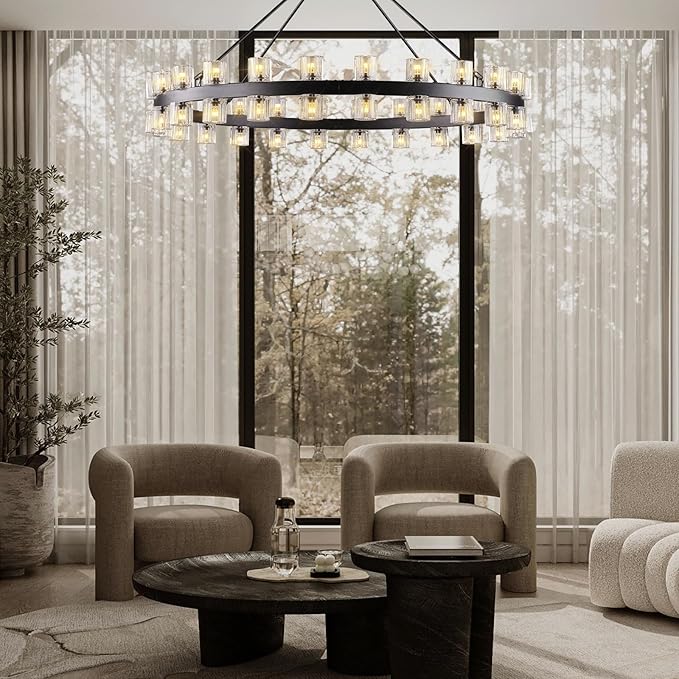 48 Inch Black Wagon Wheel Chandelier with Crystal Shade, Crystal Chandelier, Modern Farmhouse Style, Ideal for Dining Room, Kitchen, Entryways,48 Lights (Bulbs Included)