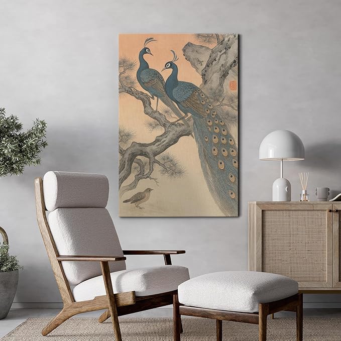 wall26 Canvas Print Wall Art Vintage Chinese Peacock Traditional Oriental Bird Rustic Dramatic Dark Duotone for Living Room, Bedroom, Office - 12"x18"