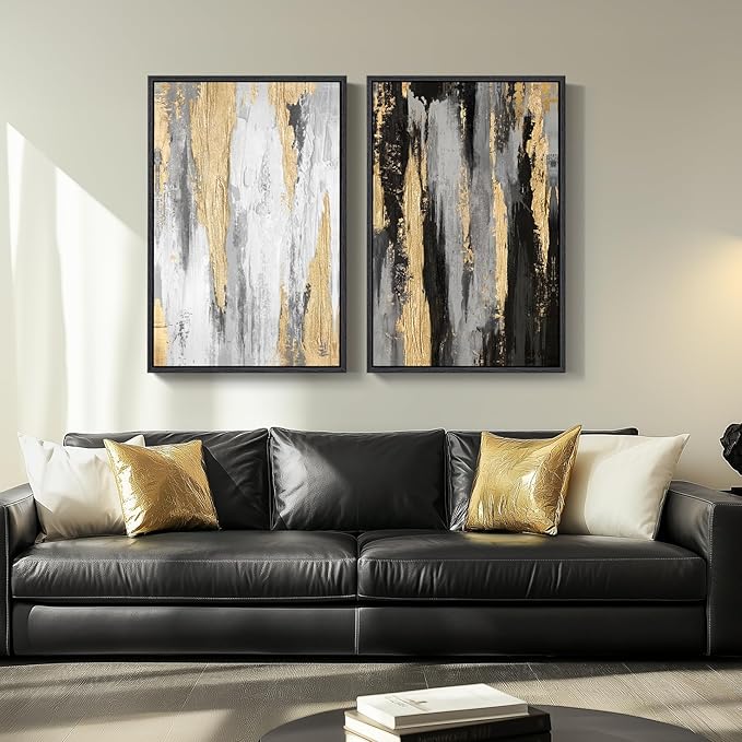Large Framed Black and White Abstract Wall Art for Living Room, Set of 2 Piece Minimalist Canvas Prints Paintings Artwork for Walls, Modern Black Gold Pictures for Hallway Office Wall Decor Big Size 24x36 In