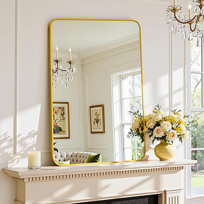 Antok Wall Mirror, 24"x36" Bathroom Vanity Mirror, Anti-Rust HD Tempered Glass, Wall Mounted Mirrors for Living Room, Entryway, Gold Frame, Rect