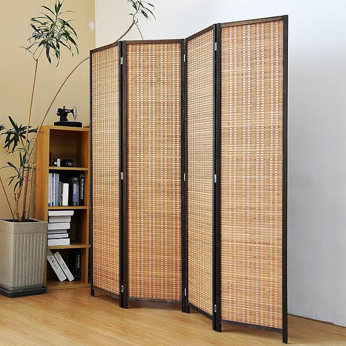 4 Panel Room Divider Screen,5.6 FT Tall Bamboo Panel Divider Folding Privacy Screen,Freestanding Room Divider for Room Seperation,Brown
