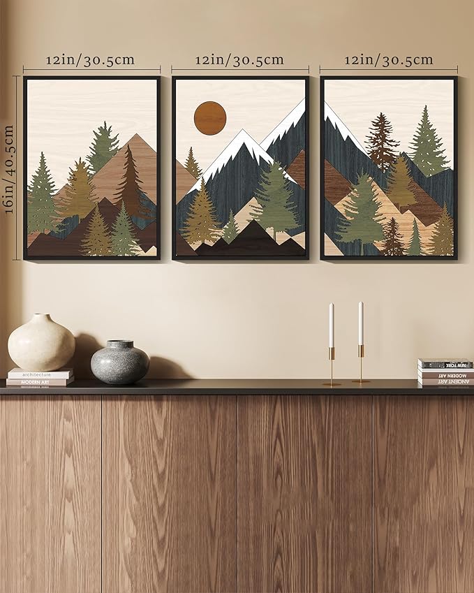 KUVIOKE Morden Mountains Framed Wall Art Boho Pine Tree Forest Nature Landscape Artwork Bohemain Farmhouse Rustic Bedroom Living Home Decor 12x16in (Black Framed)