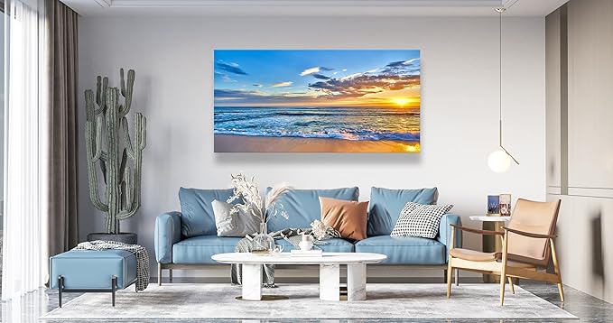 Aibonnly Wall Art Canvas Painting Seaside Sunset over the beaches 1 Piece blue sea view Ocean Picture Poster Print Framed and Stretched Ready to Hang for Living Room Bedroom Kitchen Office