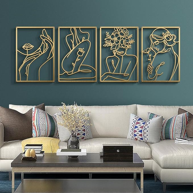 Bakovity Gold Metal Wall Art, Abstract Flower Line Sculpture, Gold Minimalist Modern Wall Decor for Living Room, Bedroom, Bathroom (4 Pieces, 17 x 12 Inches)