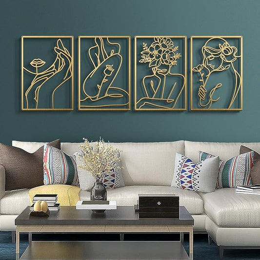 Bakovity Gold Metal Wall Art, Abstract Flower Line Sculpture, Gold Minimalist Modern Wall Decor for Living Room, Bedroom, Bathroom (4 Pieces, 22.5 x 15.7 Inches)