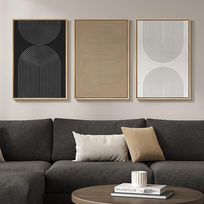 3D Textured Framed Boho Neutral Abstract Wall Art, 3 Piece Modern Artwork for Walls, Black White Brown Minimalist Geometric Paintings for Living Room, Dining Room, Bedroom Wall Decor 16x24 In