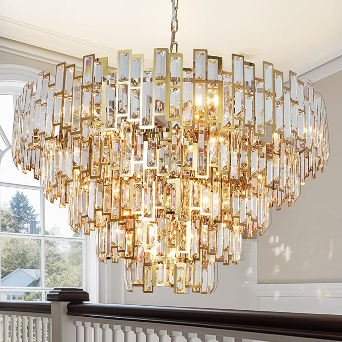 Large Modern Crystal Chandelier Foyer Entryway High Ceiling Big Gold Chandeliers Light Fixture for Living Room