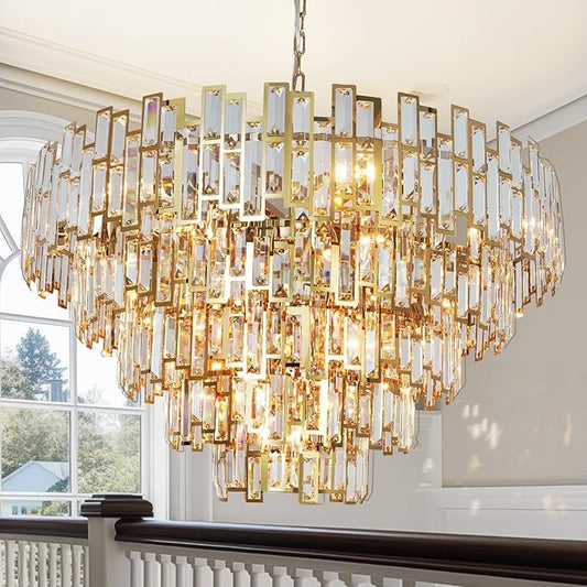 Large Modern Crystal Chandelier Foyer Entryway High Ceiling Big Gold Chandeliers Light Fixture for Living Room