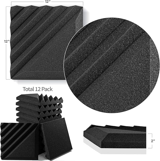 12 Pack Sound Proof Foam Panels for Walls, 12x12x2 Inches Half-Slash Style Acoustic Panels for Home Studio Acoustic Treatment (Black)